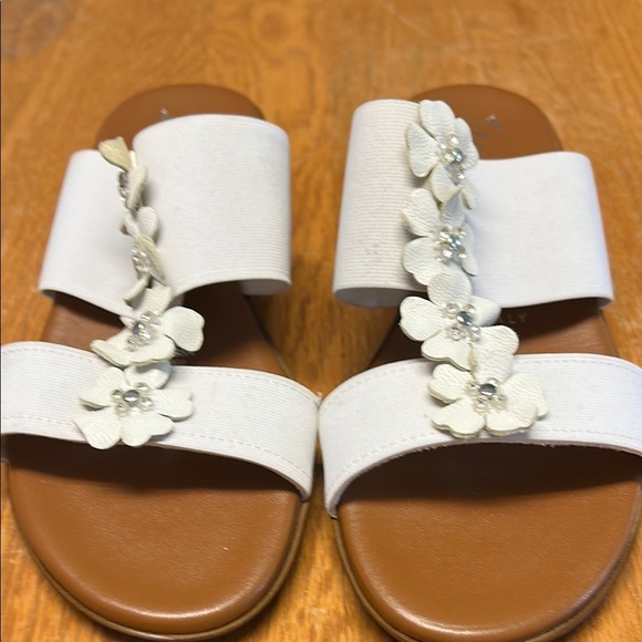 White and Brown Floral Sandals with Double Strap Design - Picture 1 of 5